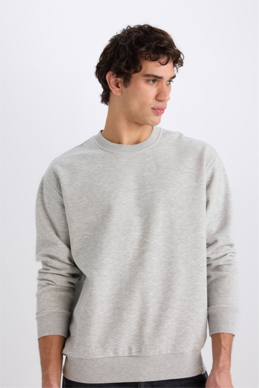 Man Grey Melange Oversize Fit Crew Neck Thick Basic Sweatshirt