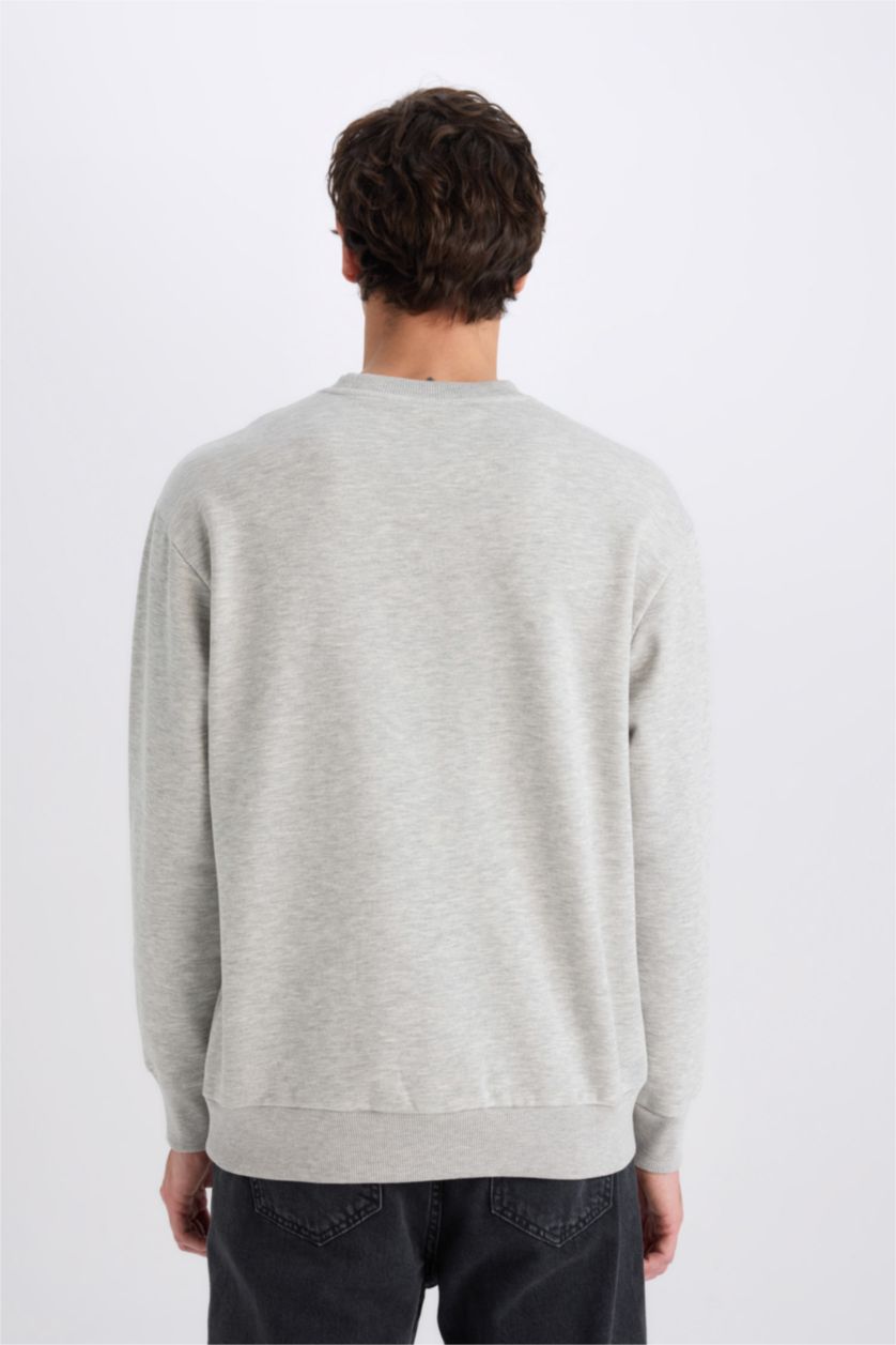 Man Grey Melange Oversize Fit Crew Neck Thick Basic Sweatshirt