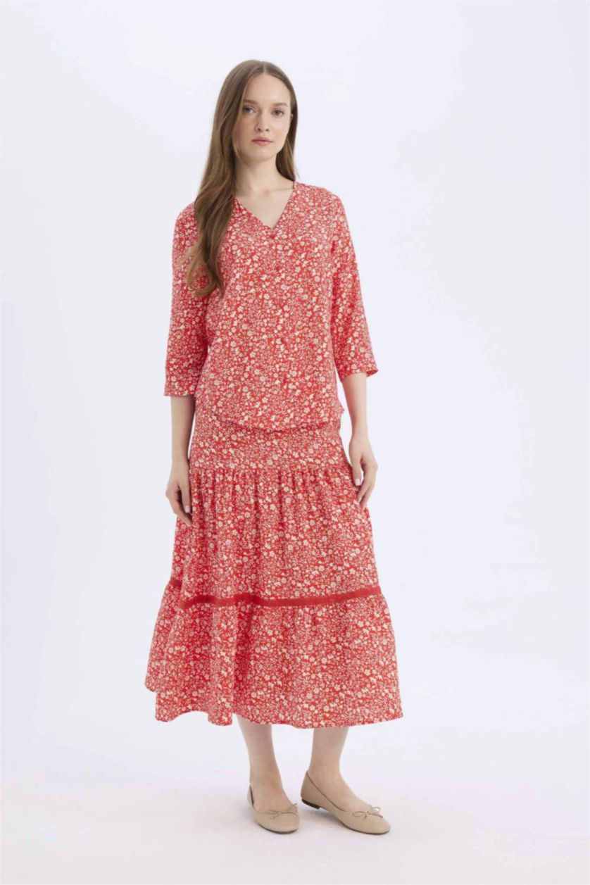 Kadın Kırmızı Regular Fit Çiçek Desenli Beli Lastikli Kiloş Midi Etek