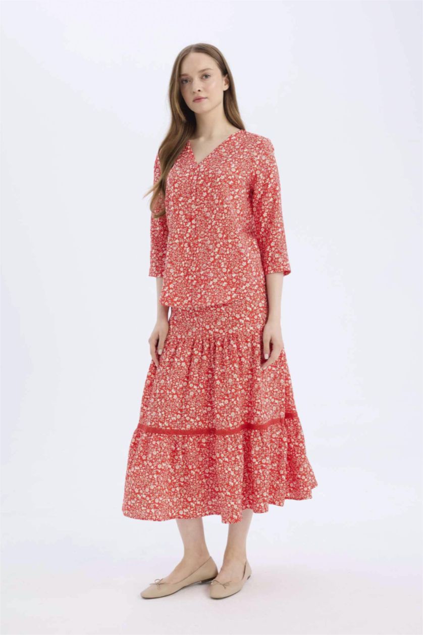 Kadın Kırmızı Regular Fit Çiçek Desenli Beli Lastikli Kiloş Midi Etek