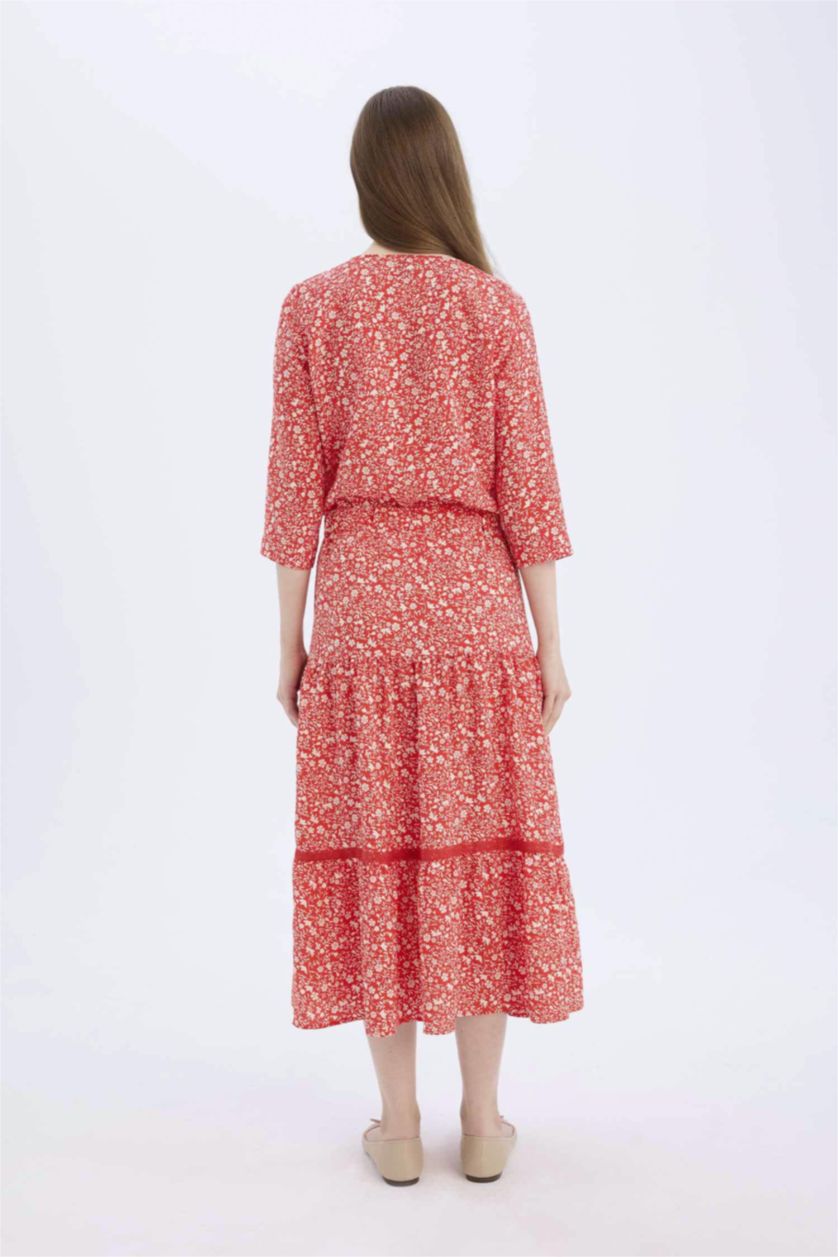 Kadın Kırmızı Regular Fit Çiçek Desenli Beli Lastikli Kiloş Midi Etek