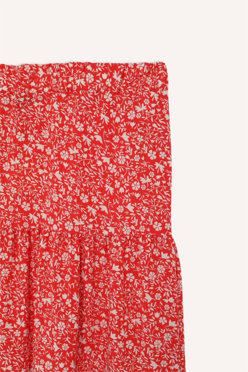 Kadın Kırmızı Regular Fit Çiçek Desenli Beli Lastikli Kiloş Midi Etek