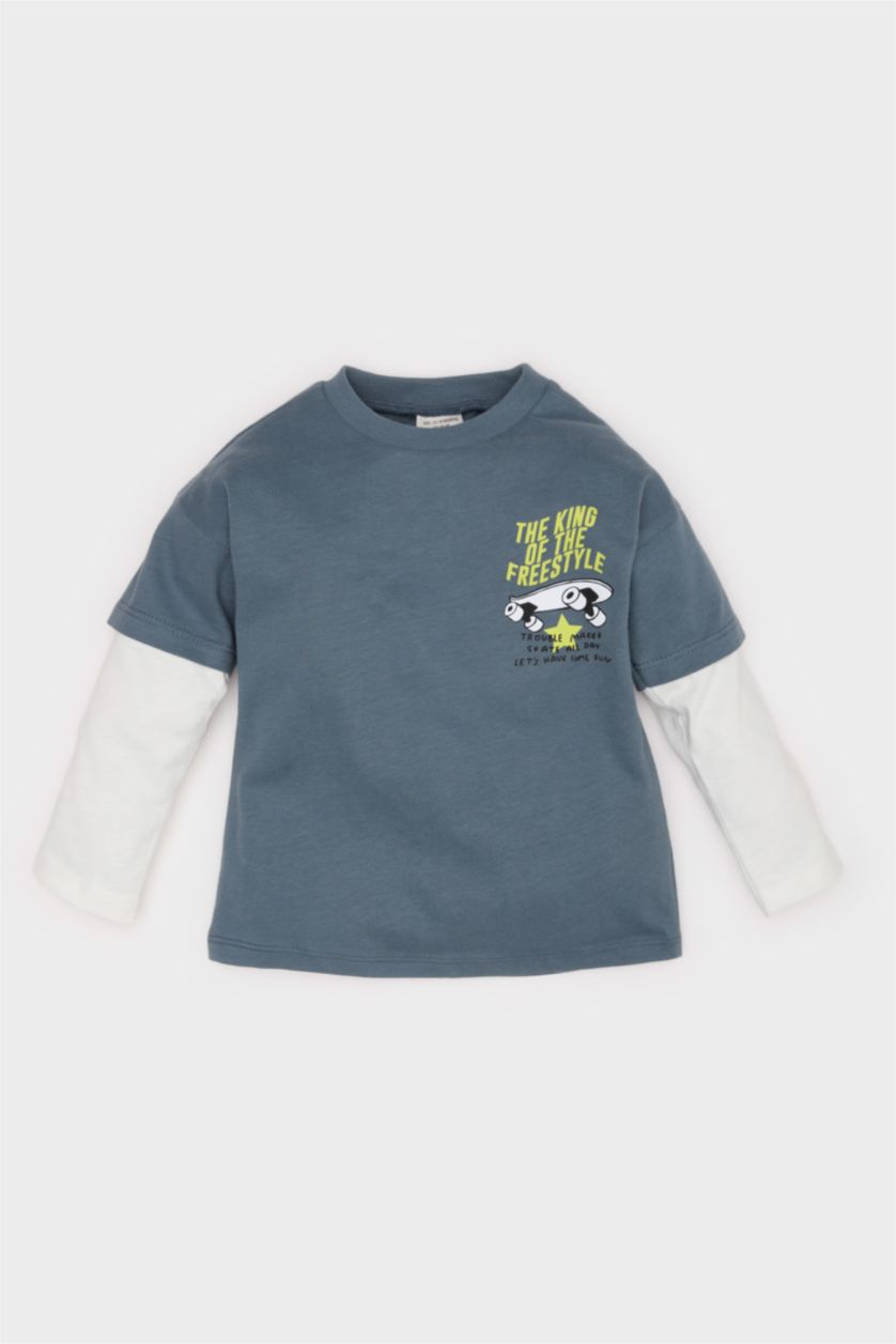 Erkek Bebek Açık İndigo Bisiklet Yaka Kaykay Baskılı Uzun Kollu Tişört Erkek Bebek