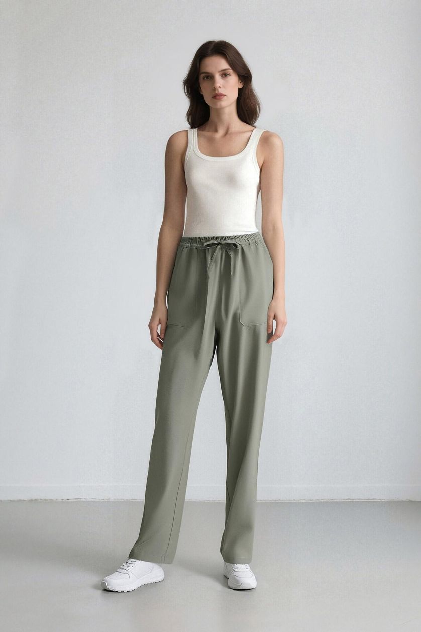 Woman Light Green Straight Fit High Waist Straight Leg Modal Trousers