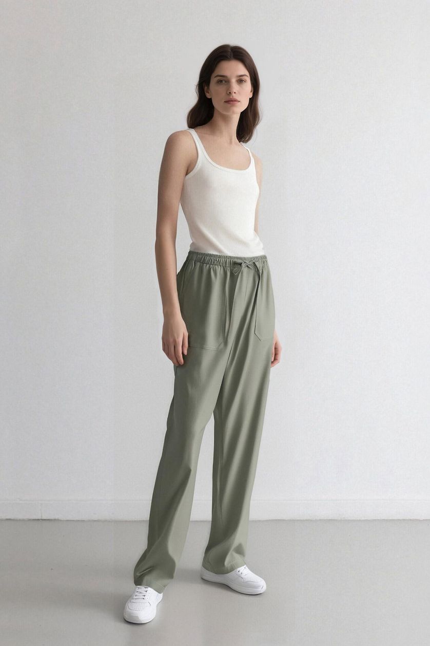 Woman Light Green Straight Fit High Waist Straight Leg Modal Trousers