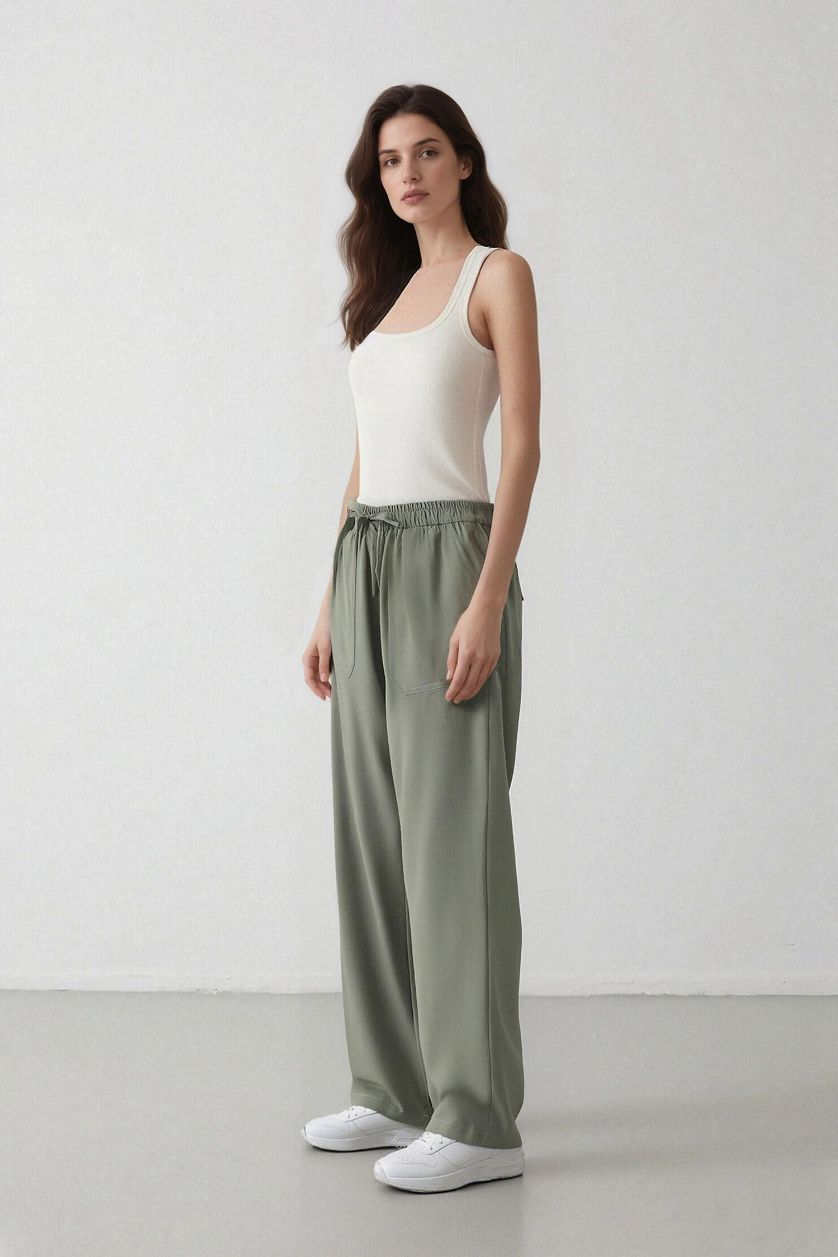 Woman Light Green Straight Fit High Waist Straight Leg Modal Trousers