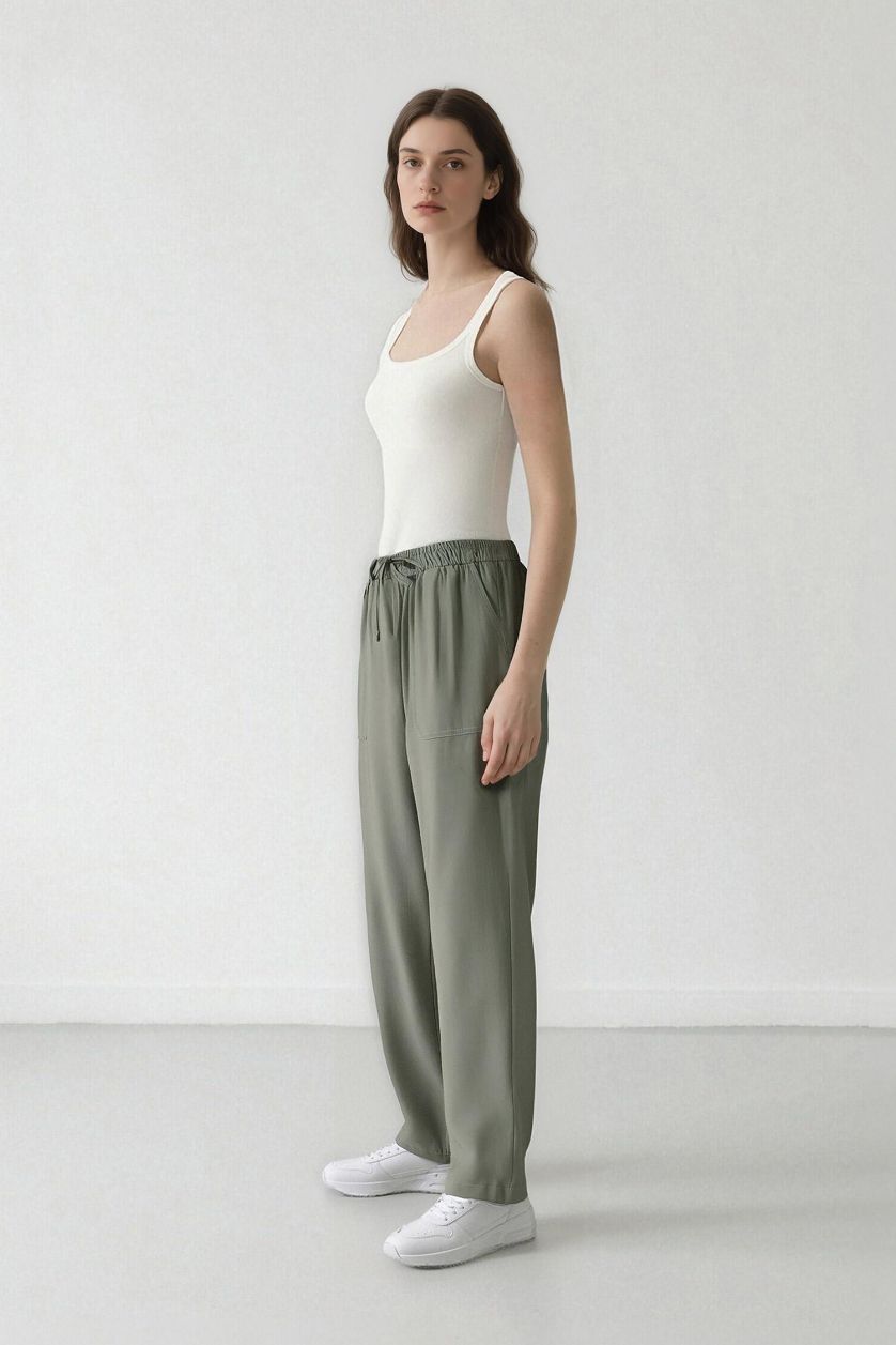 Woman Light Green Straight Fit High Waist Straight Leg Modal Trousers