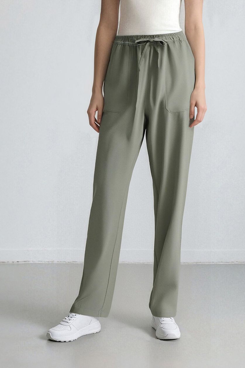 Woman Light Green Straight Fit High Waist Straight Leg Modal Trousers