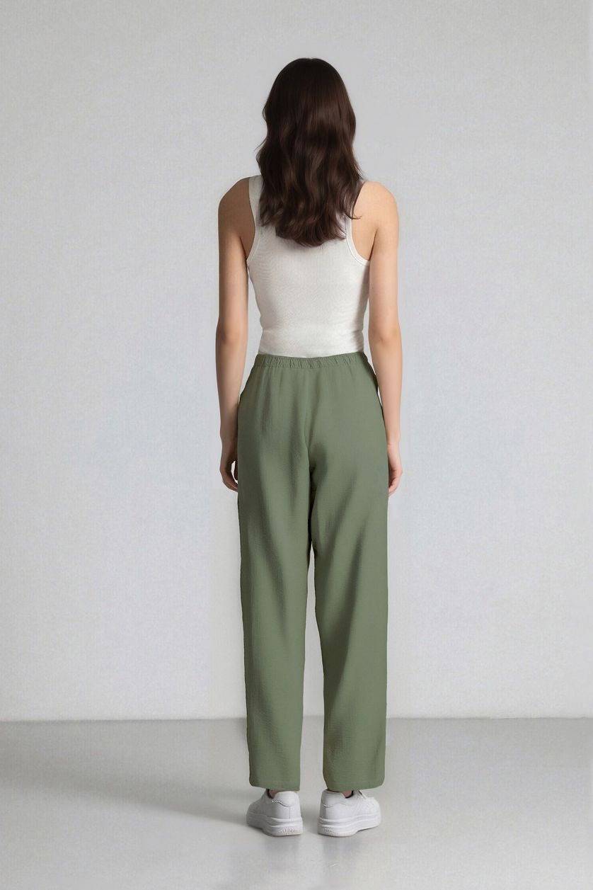 Woman Light Green Straight Fit High Waist Straight Leg Modal Trousers