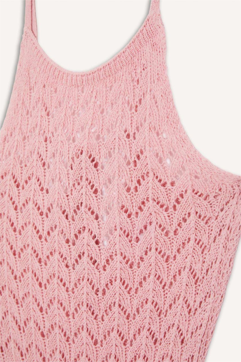 Kadın Pembe Yuvarlak Yaka Askılı Triko Plaj Elbisesi