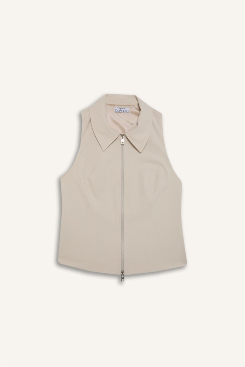 Woman Beige Polo Collar Zippered Woven Vest