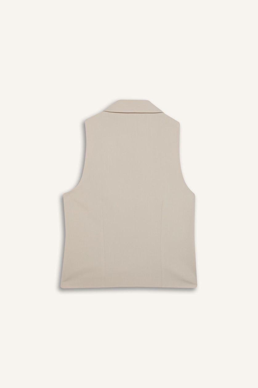 Woman Beige Polo Collar Zippered Woven Vest