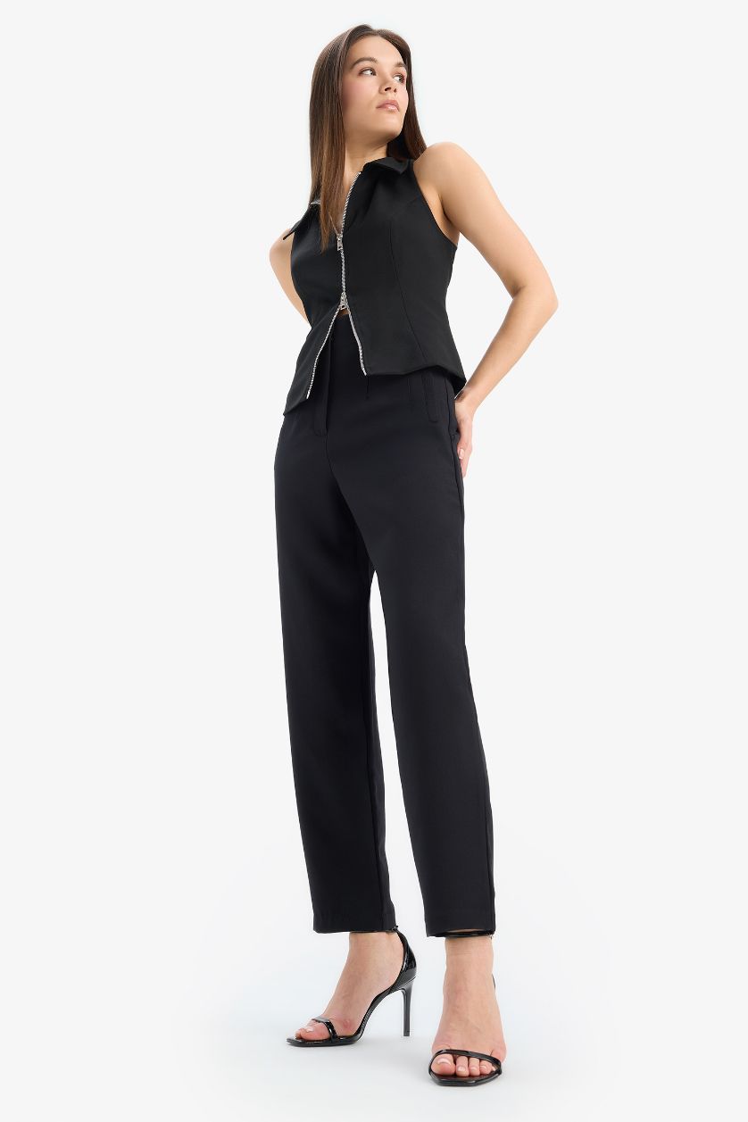 WOMAN Black Afra x Defacto Polo Collar Zippered Sleeveless Cardigan