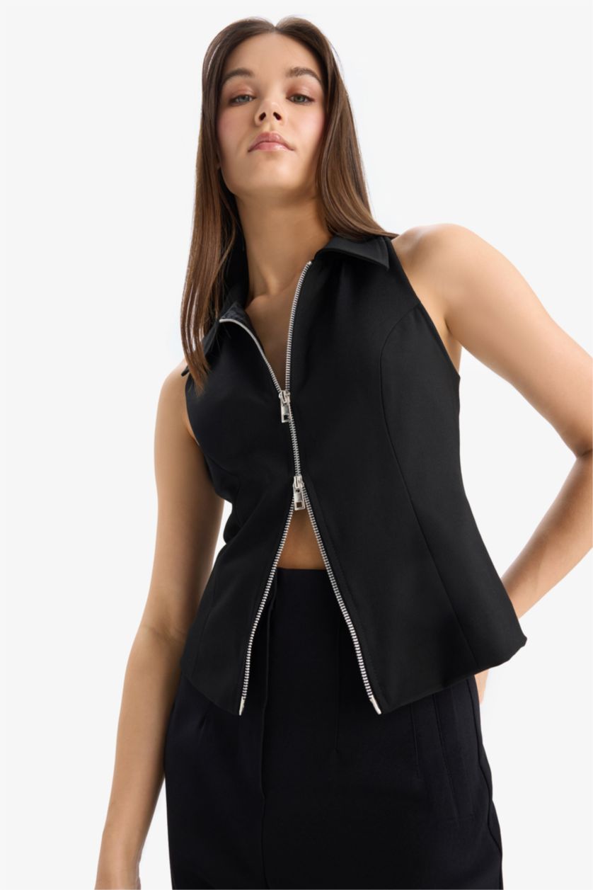 WOMAN Black Afra x Defacto Polo Collar Zippered Sleeveless Cardigan