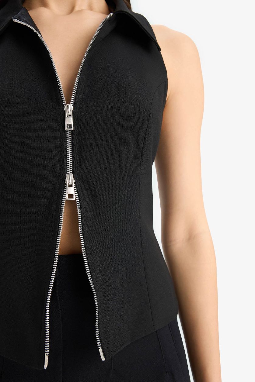 WOMAN Black Afra x Defacto Polo Collar Zippered Sleeveless Cardigan