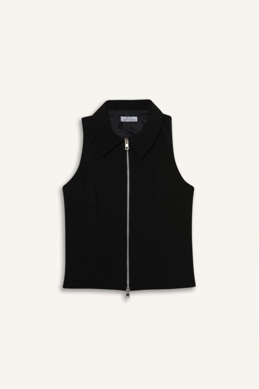 WOMAN Black Afra x Defacto Polo Collar Zippered Sleeveless Cardigan