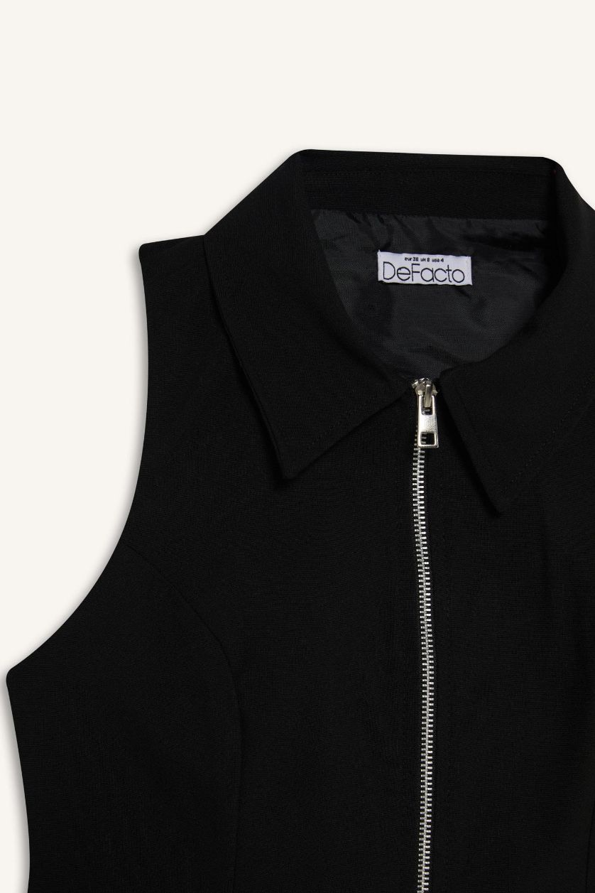WOMAN Black Afra x Defacto Polo Collar Zippered Sleeveless Cardigan