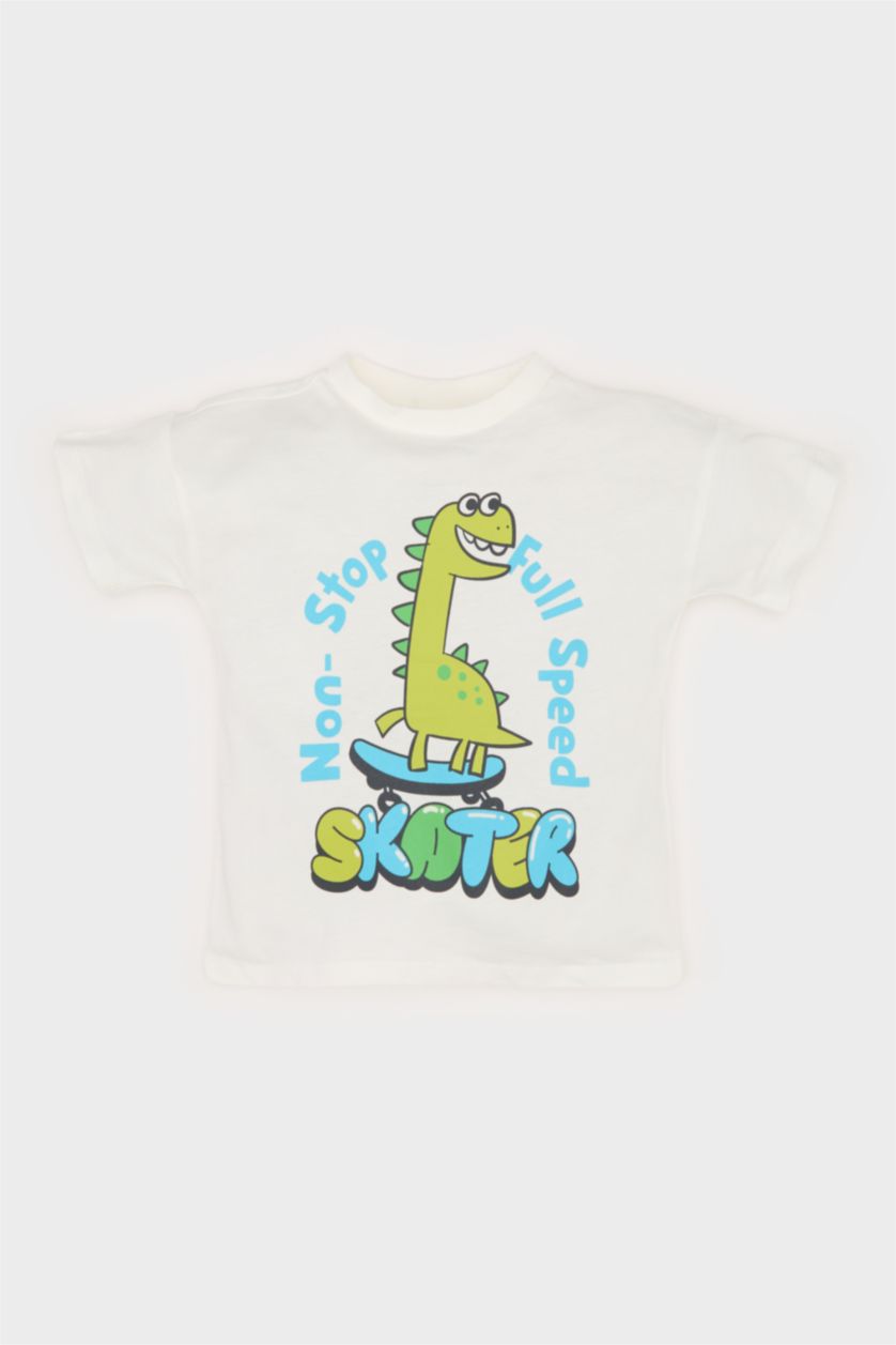 BABY BOY Ecru Baby Boy Regular Fit Dinosaur Printed Short Sleeve T-shirt