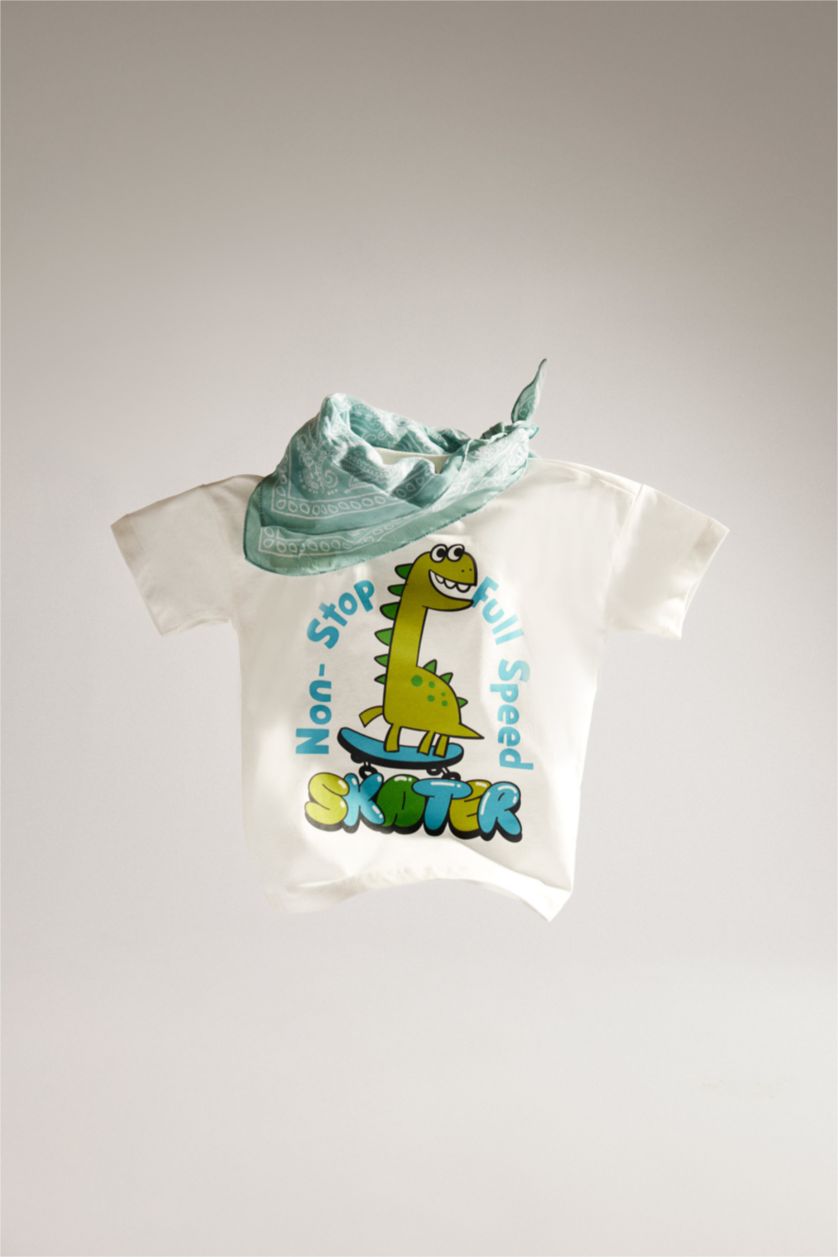 BABY BOY Ecru Baby Boy Regular Fit Dinosaur Printed Short Sleeve T-shirt