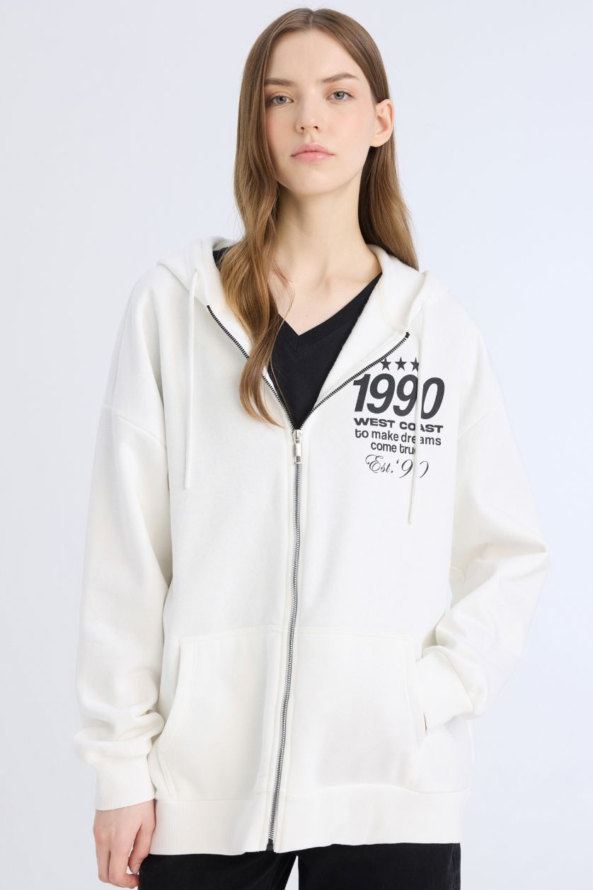 Kadın Kırık Beyaz Oversize Geniş Kalıp Kapüşonlu Baskılı Fermuarlı Kalın Sweatshirt