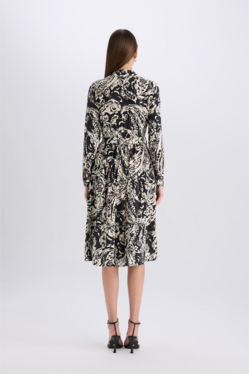 نساء أسود فستان بأكمام طويلة ميدي بطبعة حيوانات بياقة قميص