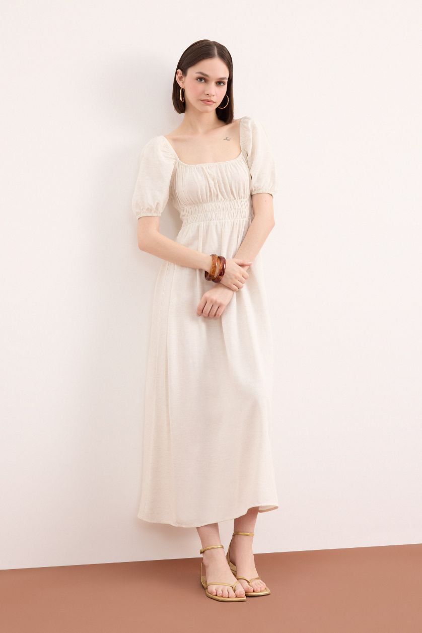 WOMAN Sand Square Collar Linen Blend Short Sleeve Midi Dress