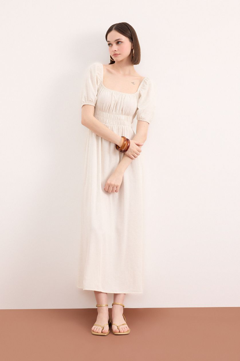 WOMAN Sand Square Collar Linen Blend Short Sleeve Midi Dress