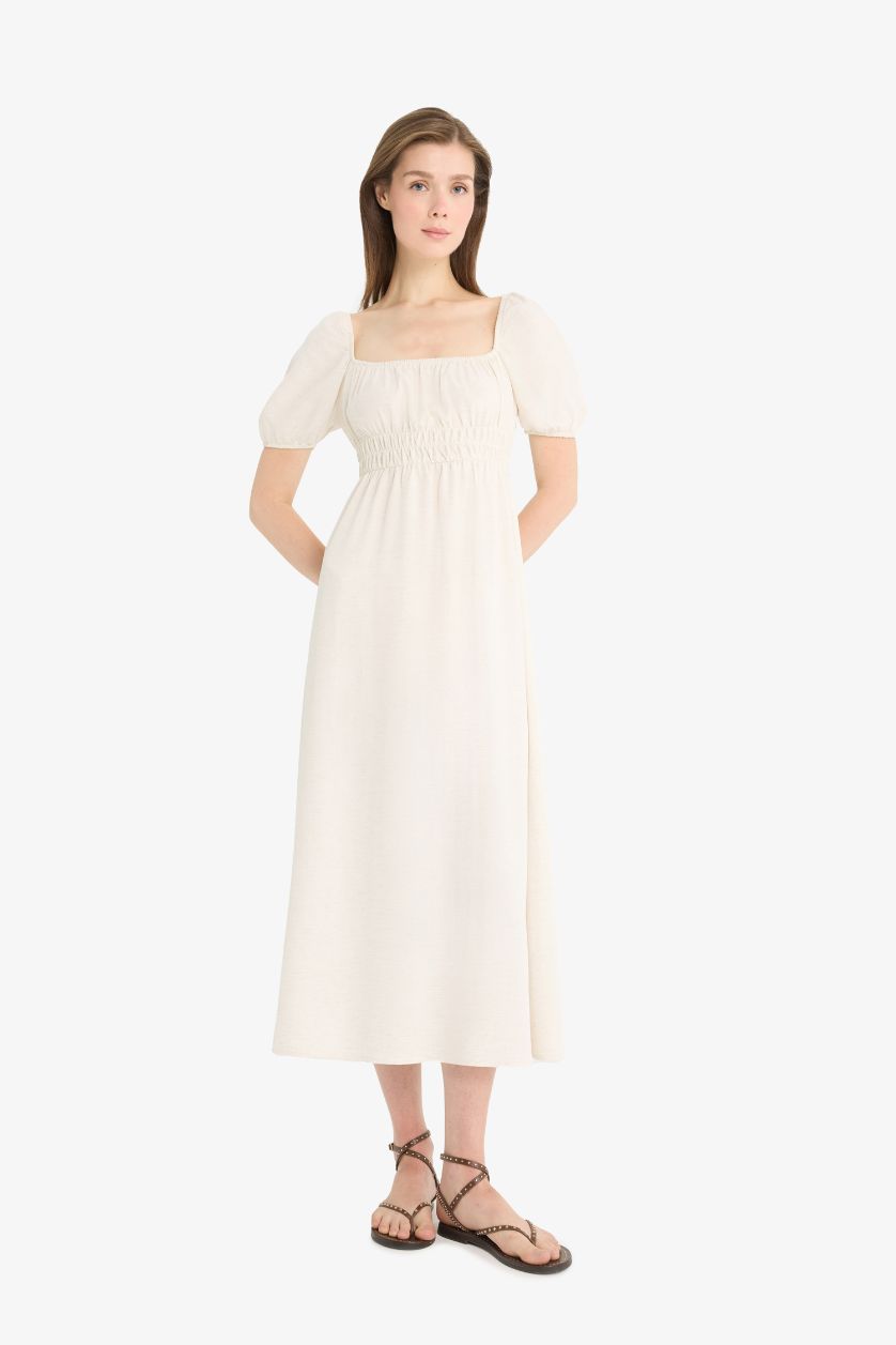 WOMAN Sand Square Collar Linen Blend Short Sleeve Midi Dress