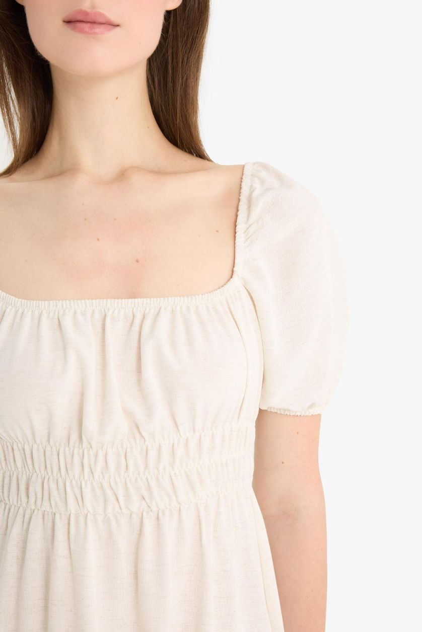 WOMAN Sand Square Collar Linen Blend Short Sleeve Midi Dress