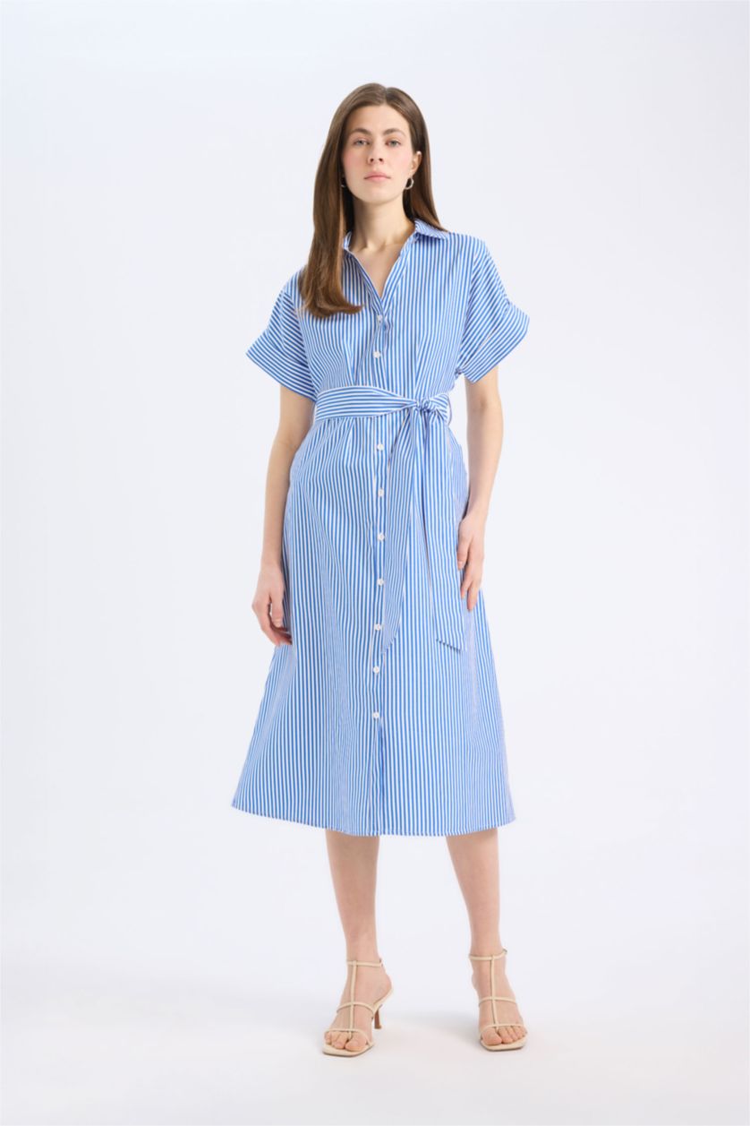 Woman Blue Shirt Collar Striped Poplin Midi Dress