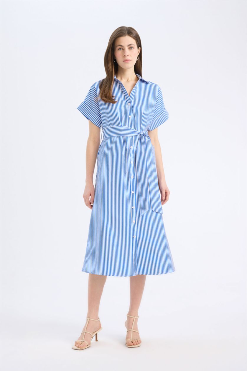 Woman Blue Shirt Collar Striped Poplin Midi Dress