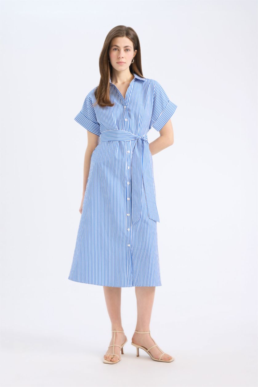 Woman Blue Shirt Collar Striped Poplin Midi Dress