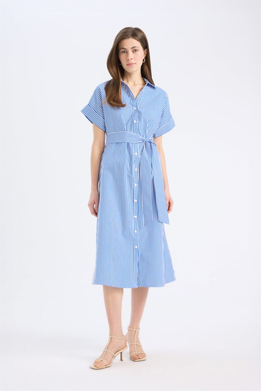 Woman Blue Shirt Collar Striped Poplin Midi Dress