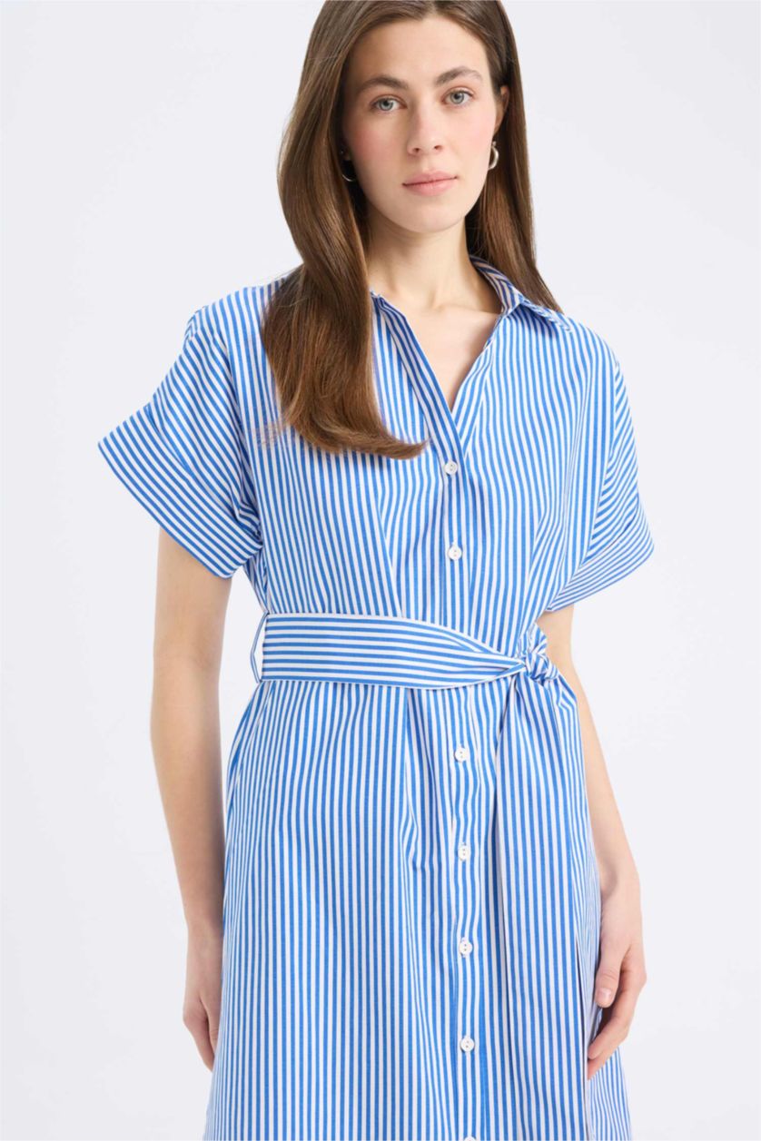 Woman Blue Shirt Collar Striped Poplin Midi Dress
