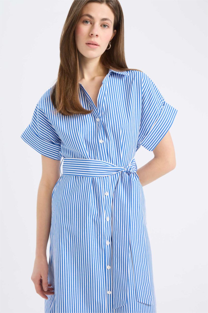 Woman Blue Shirt Collar Striped Poplin Midi Dress