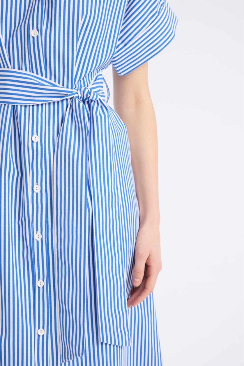Woman Blue Shirt Collar Striped Poplin Midi Dress