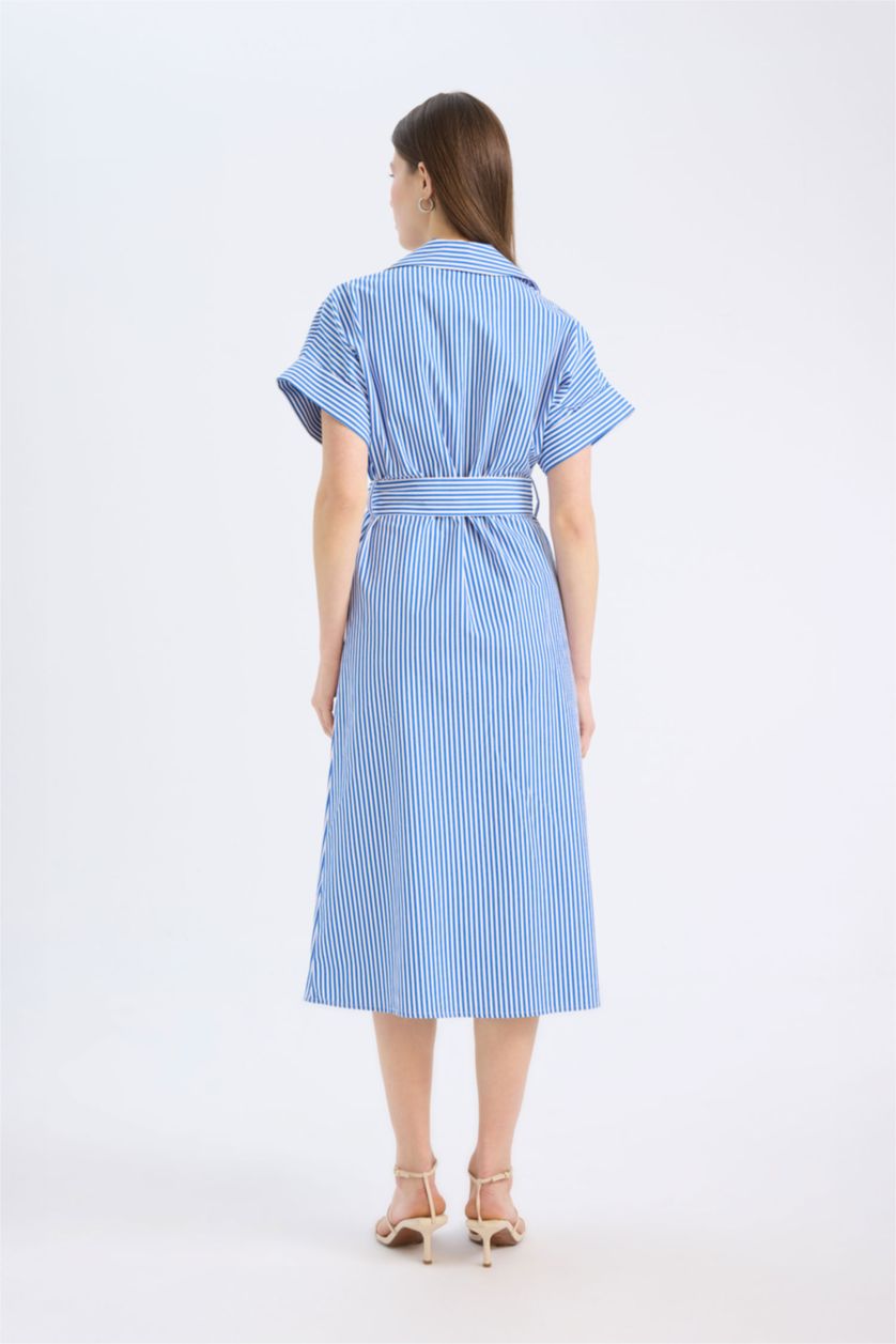 Woman Blue Shirt Collar Striped Poplin Midi Dress