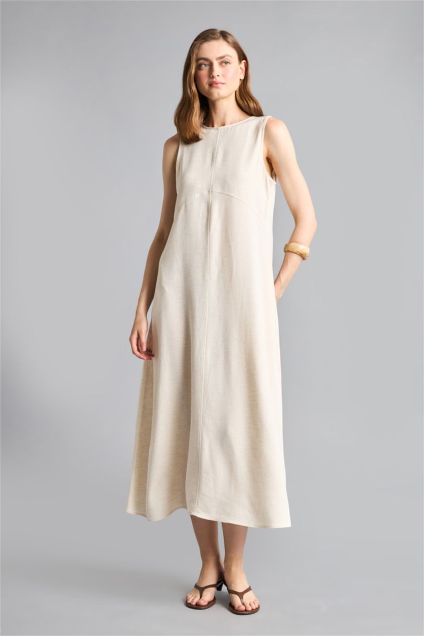 Women Sand Linen Blended Maxi Dress