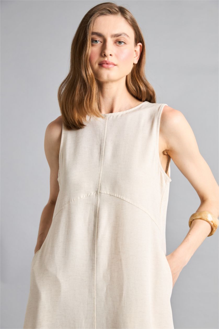 Women Sand Linen Blended Maxi Dress
