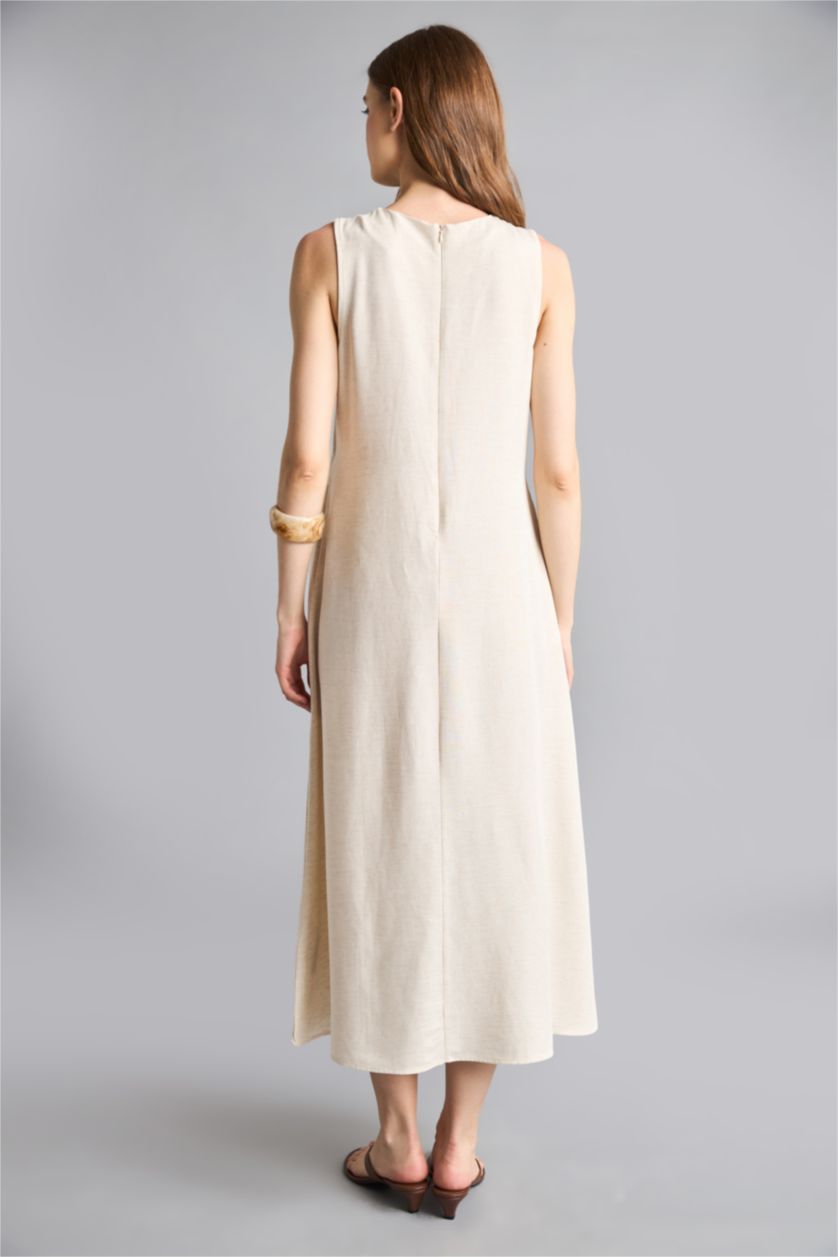 Women Sand Linen Blended Maxi Dress