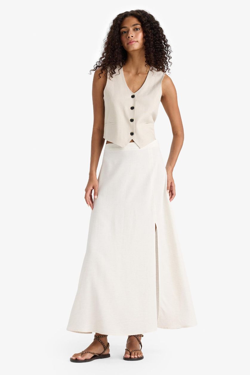 Woman Light Sand A Cut Regular Waist Linen Blend Maxi Skirt