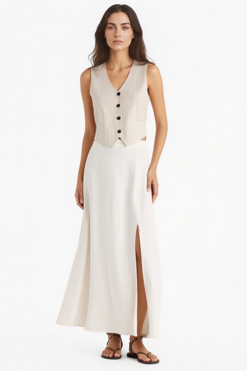 Kadın Açık Kum A Kesim Normal Bel Yırtmaçlı Keten Karışımlı Maxi Etek