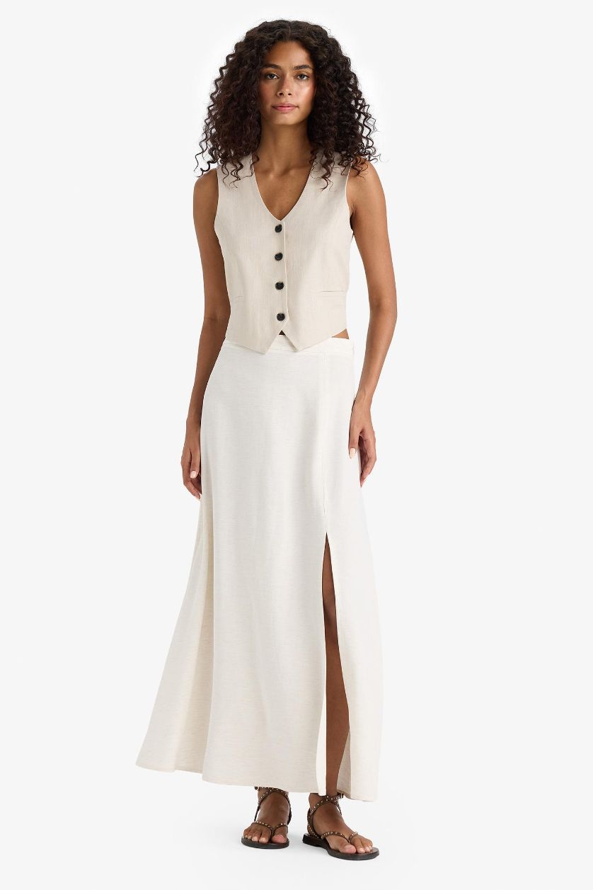 Woman Light Sand A Cut Regular Waist Linen Blend Maxi Skirt