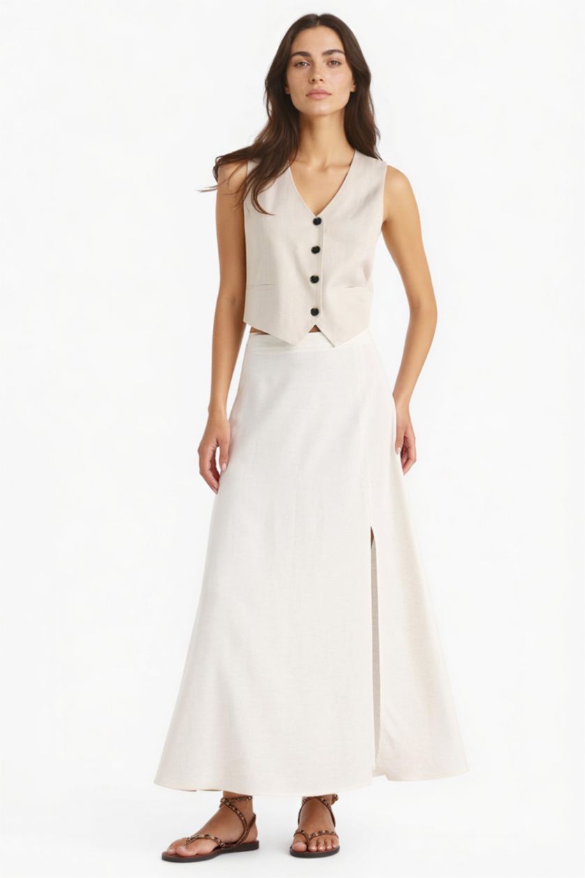 Kadın Açık Kum A Kesim Normal Bel Yırtmaçlı Keten Karışımlı Maxi Etek