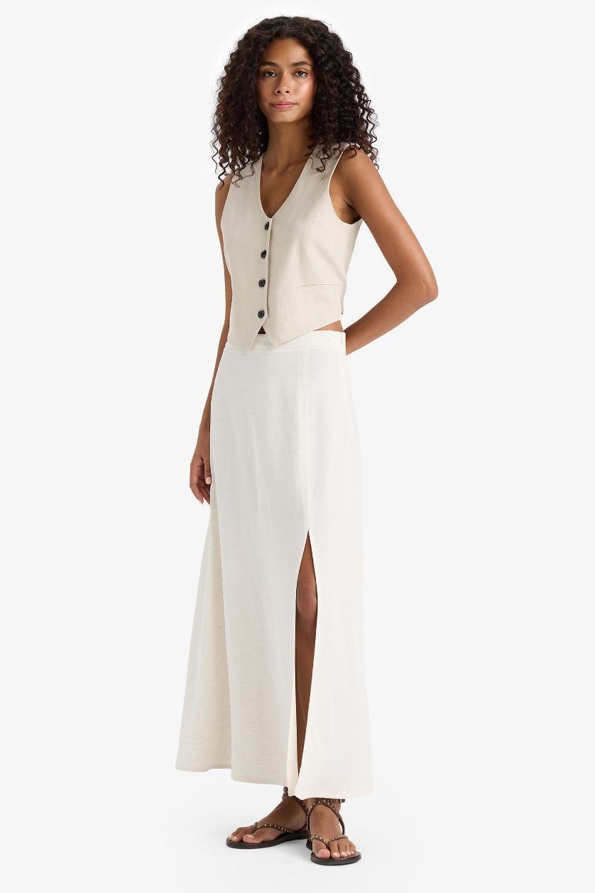 Woman Light Sand A Cut Regular Waist Linen Blend Maxi Skirt