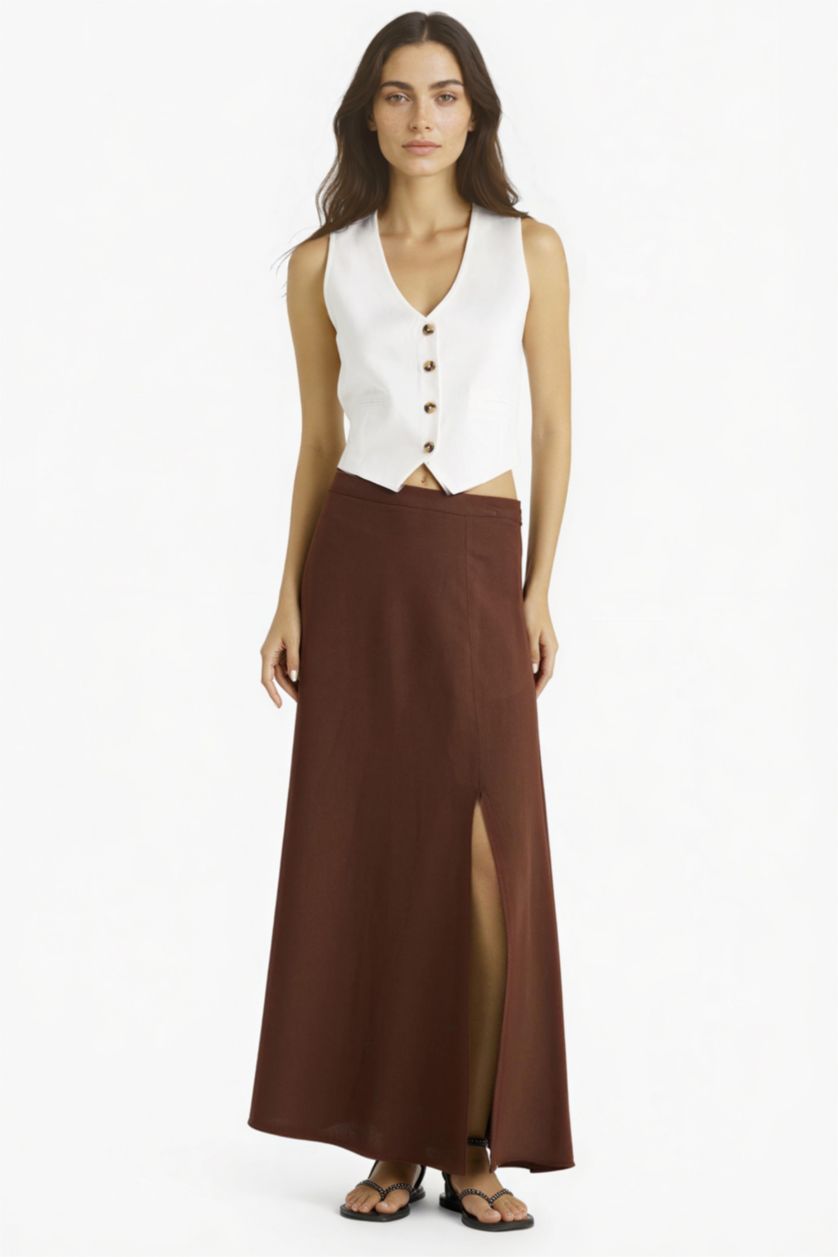 Woman Brown A Cut Linen Blended Normal Waist Maxi Skirt