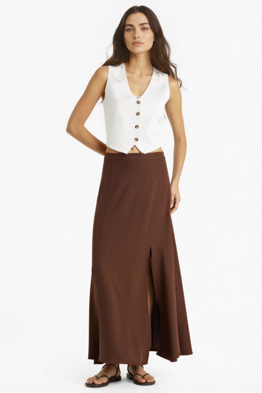 Woman Brown A Cut Linen Blended Normal Waist Maxi Skirt