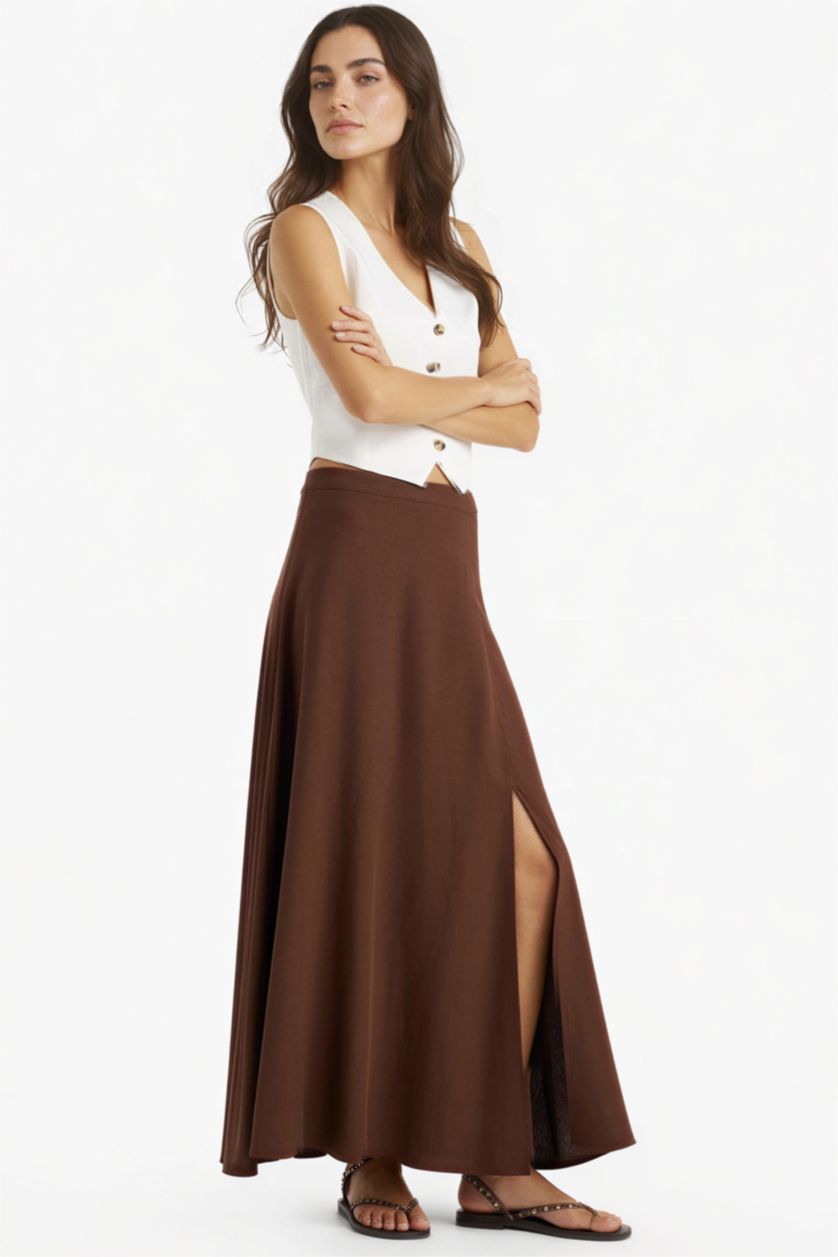 Woman Brown A Cut Linen Blended Normal Waist Maxi Skirt