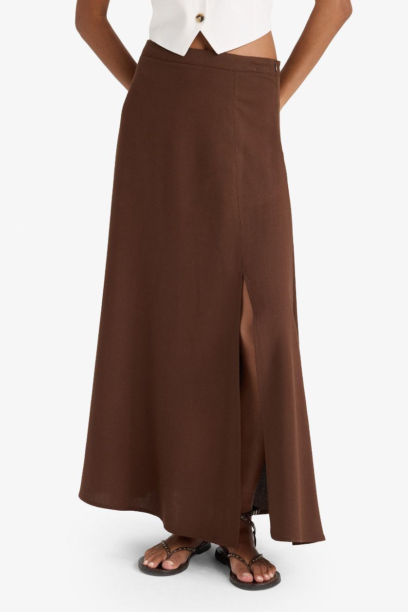 Woman Brown A Cut Linen Blended Normal Waist Maxi Skirt