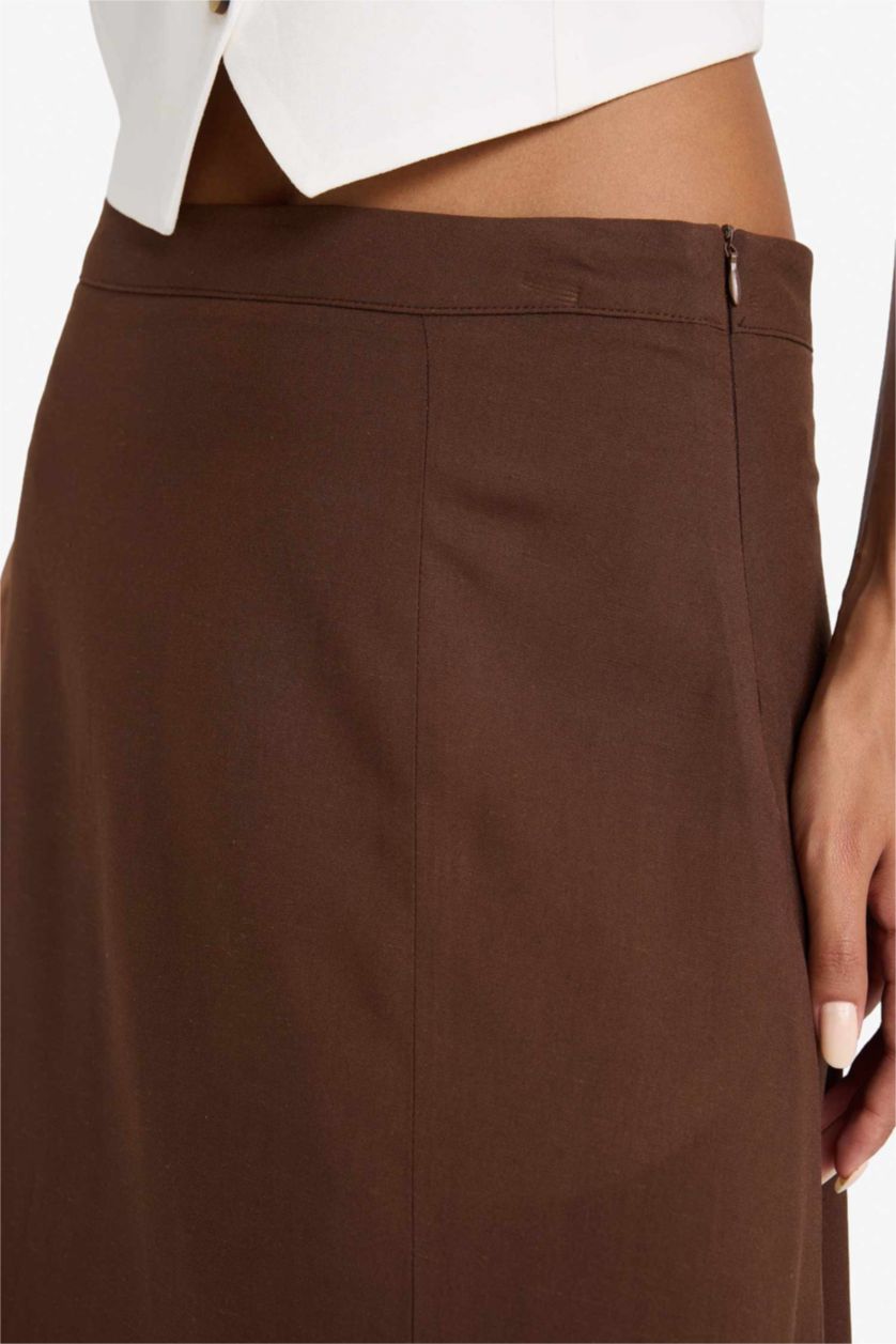 Woman Brown A Cut Linen Blended Normal Waist Maxi Skirt